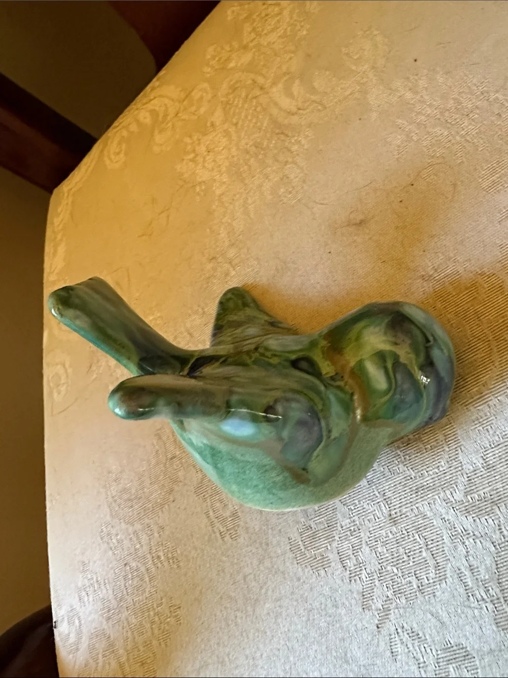 1960s Monterey Jade pottery bird w/green, blue drip glaze